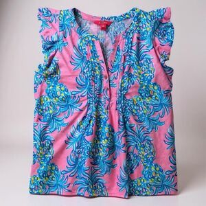 Lilly Pulitzer Golda Top M Pink Blue Pineapple Pintucked Beach Resort Cruise